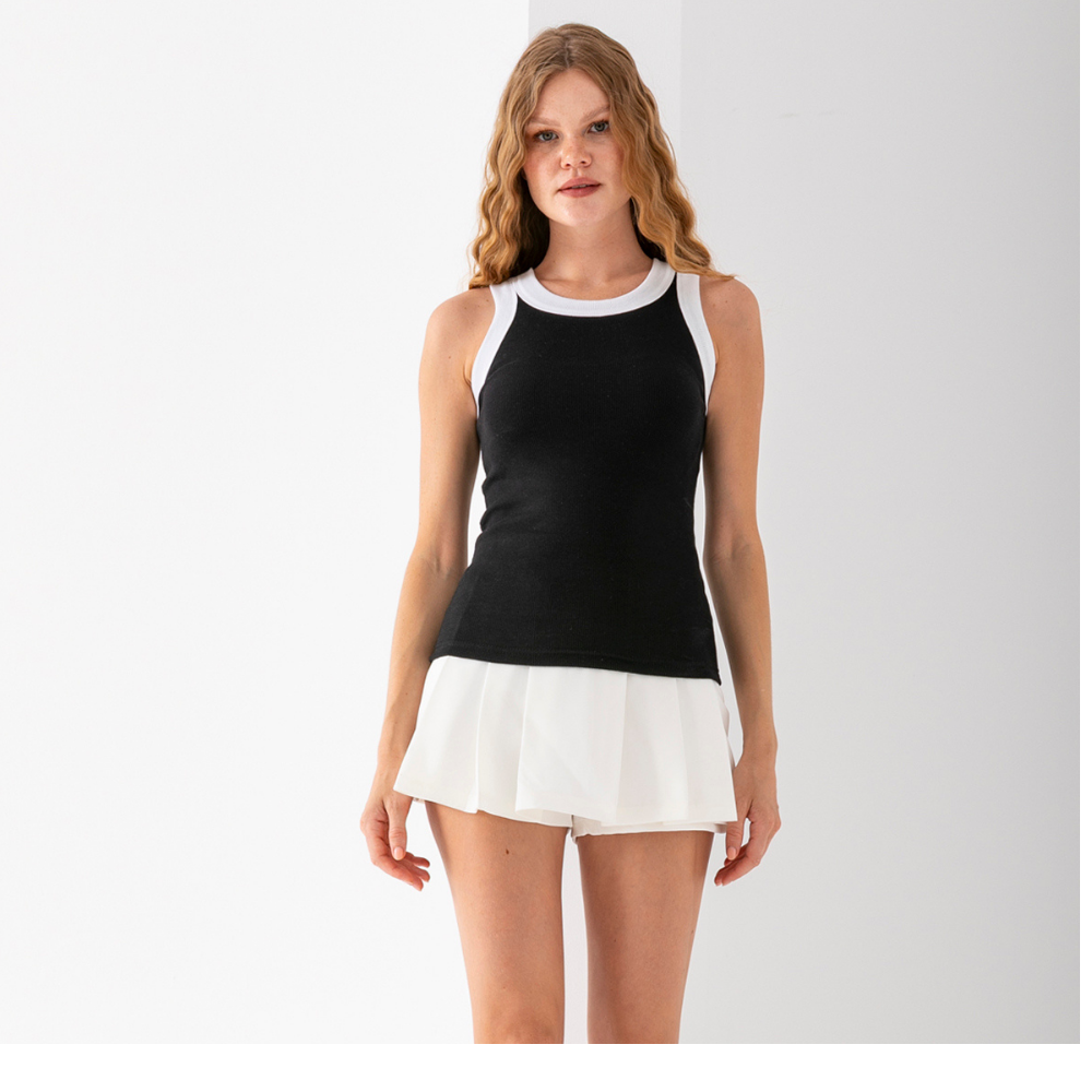 Merry Kadın 2 li Siyah Beyaz Şeritli Fittili Halter Yaka Basic Atlet 3002