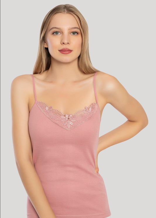 Kadın Pembe  Basic İp Askılı Güpürlü Ribana Atlet