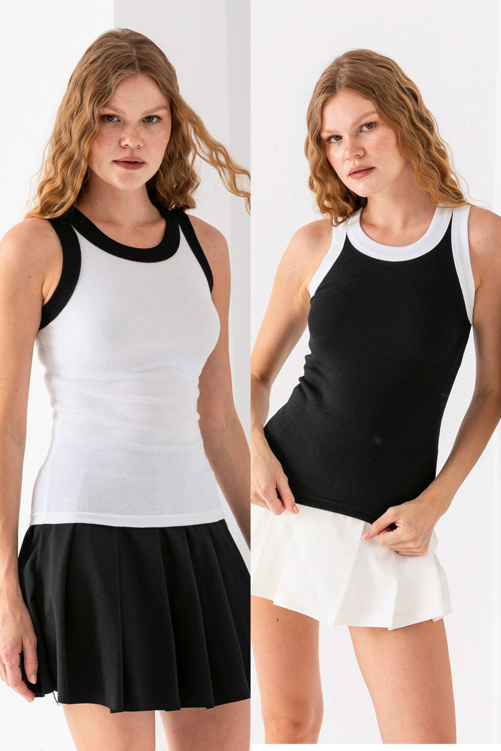 Merry Kadın 2 li Siyah Beyaz Şeritli Fittili Halter Yaka Basic Atlet 3002