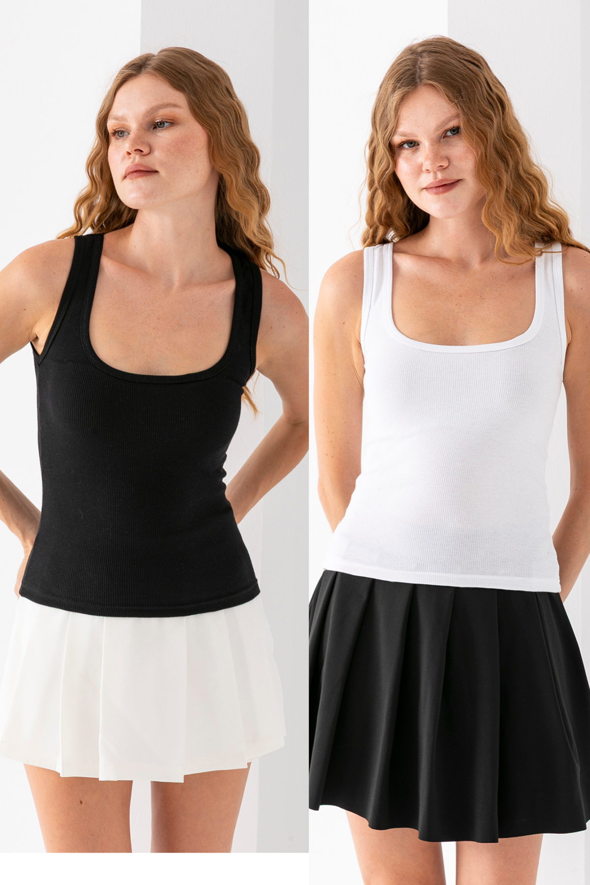 Pery Kadın 2 li Siyah BeyazFittili Açık Havuz Yaka Basic Atlet 3001