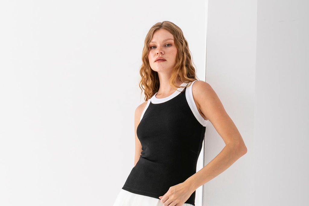 Merry Kadın 2 li Siyah Beyaz Şeritli Fittili Halter Yaka Basic Atlet 3002