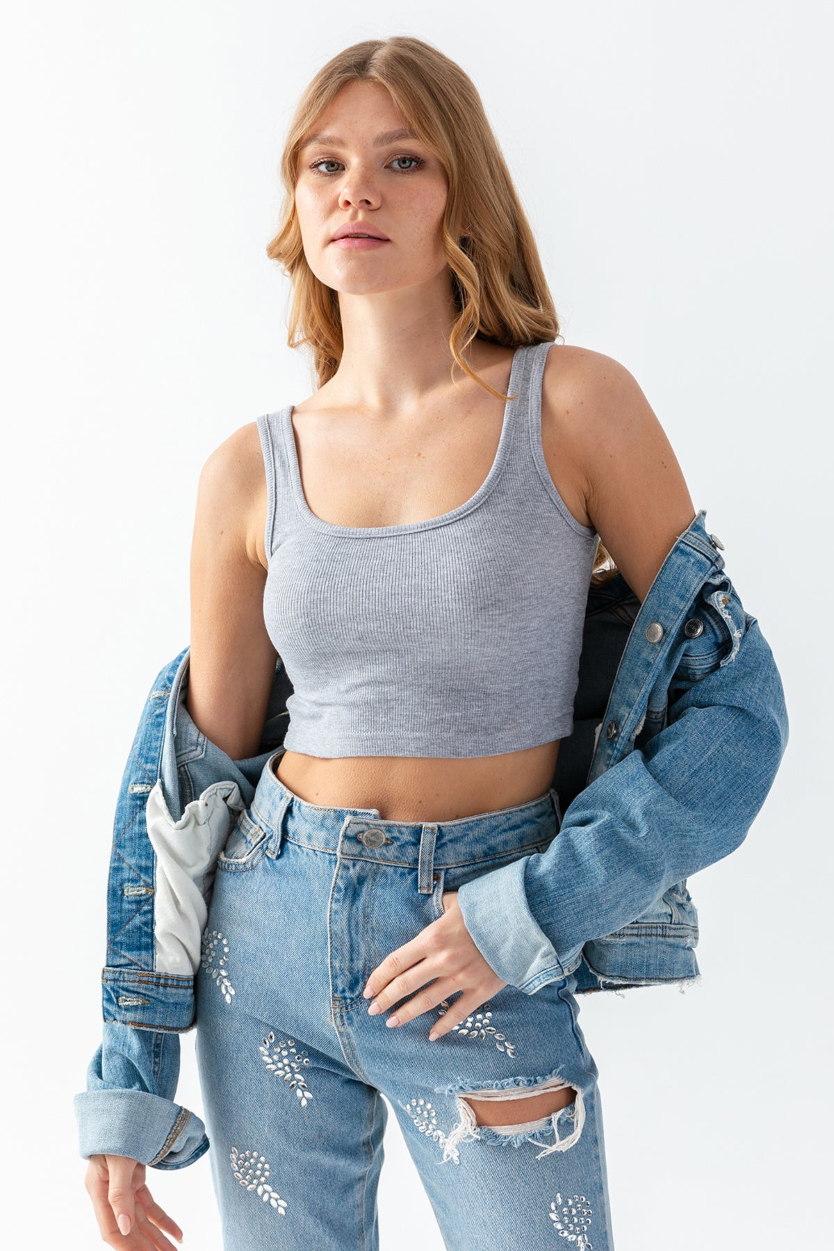 Kadın Fitilli Kalın Askılı Örme Crop Top