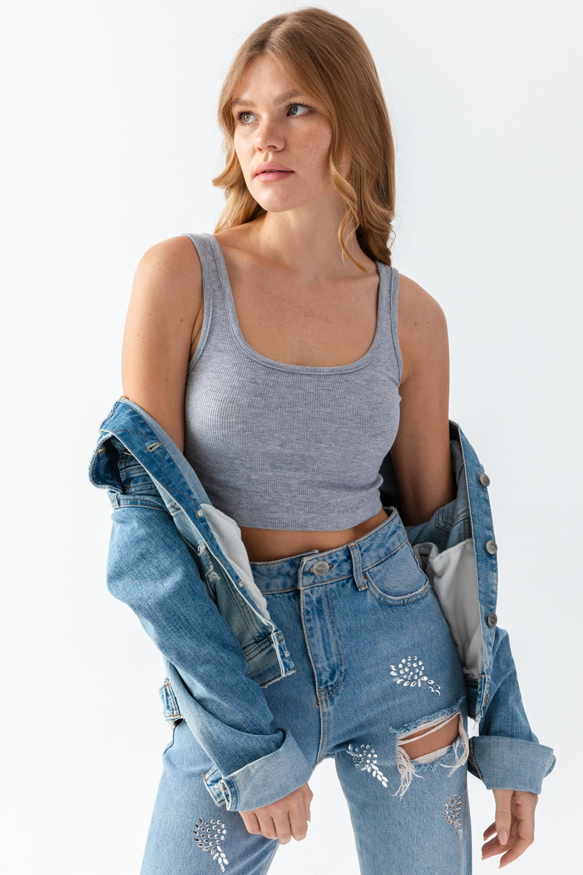 Kadın Gri Fitilli Kalın Askılı Örme Crop Top